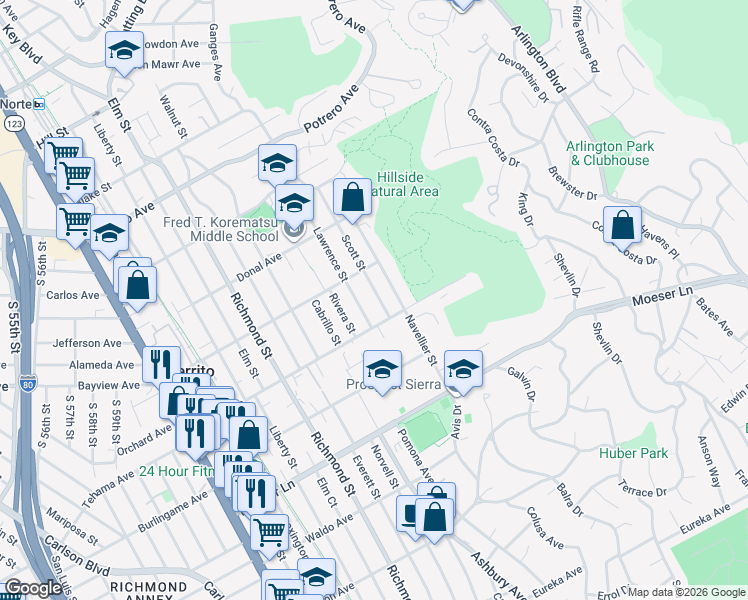 map of restaurants, bars, coffee shops, grocery stores, and more near 1221 Scott Street in El Cerrito