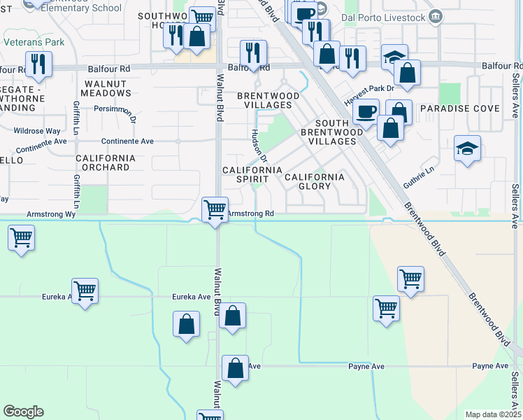 map of restaurants, bars, coffee shops, grocery stores, and more near 3014 Wright Way in Brentwood