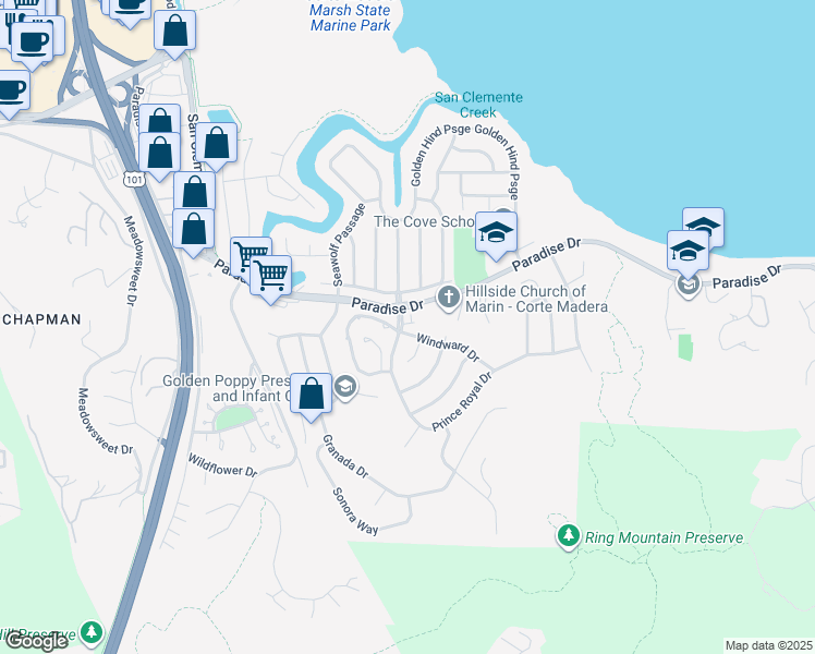 map of restaurants, bars, coffee shops, grocery stores, and more near 9 Windward Drive in Corte Madera