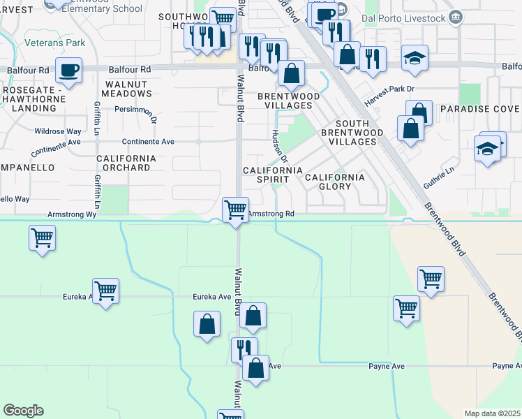 map of restaurants, bars, coffee shops, grocery stores, and more near 4568 Poe Court in Brentwood
