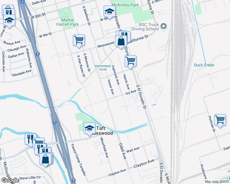 map of restaurants, bars, coffee shops, grocery stores, and more near 3035 Howe Avenue in Stockton