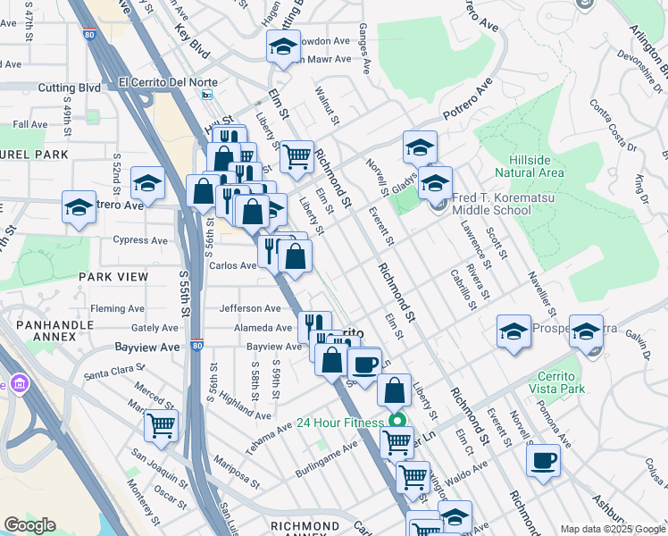 map of restaurants, bars, coffee shops, grocery stores, and more near 6510 Gladys Avenue in El Cerrito