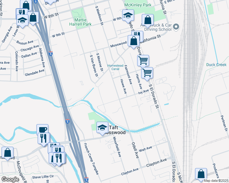 map of restaurants, bars, coffee shops, grocery stores, and more near 3009 Odell Avenue in Stockton