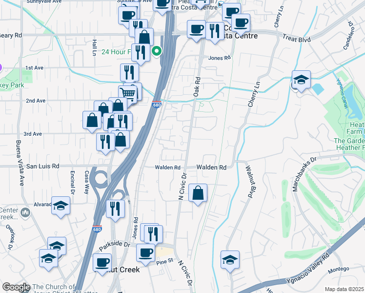 map of restaurants, bars, coffee shops, grocery stores, and more near 267 Kingston Way in Walnut Creek
