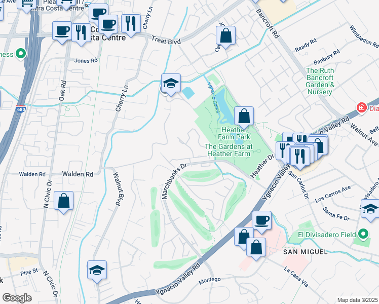 map of restaurants, bars, coffee shops, grocery stores, and more near 509 Allegheny Drive in Walnut Creek