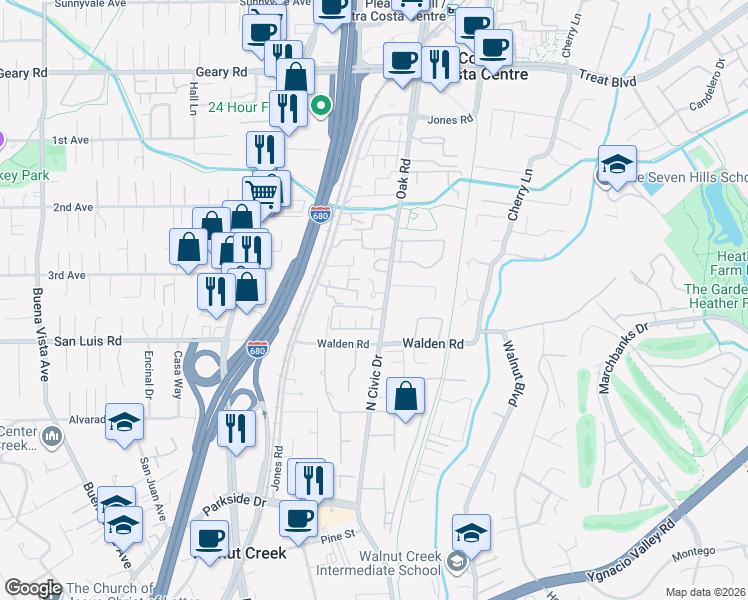 map of restaurants, bars, coffee shops, grocery stores, and more near 267 Kingston Way in Walnut Creek