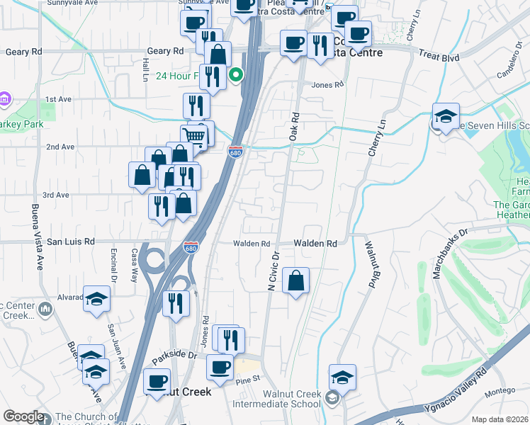 map of restaurants, bars, coffee shops, grocery stores, and more near 265 Kingston Way in Walnut Creek