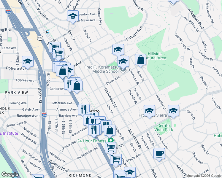 map of restaurants, bars, coffee shops, grocery stores, and more near 1314 Everett Street in El Cerrito
