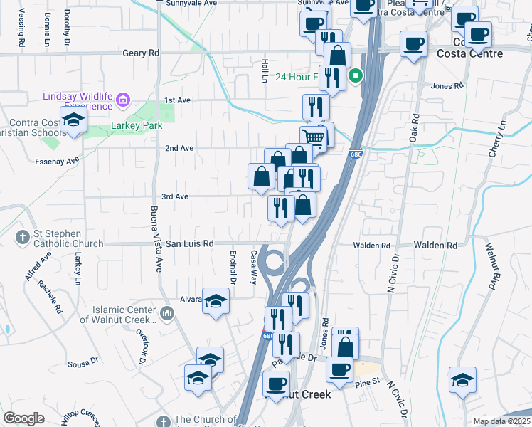 map of restaurants, bars, coffee shops, grocery stores, and more near 1575 3rd Avenue in Walnut Creek