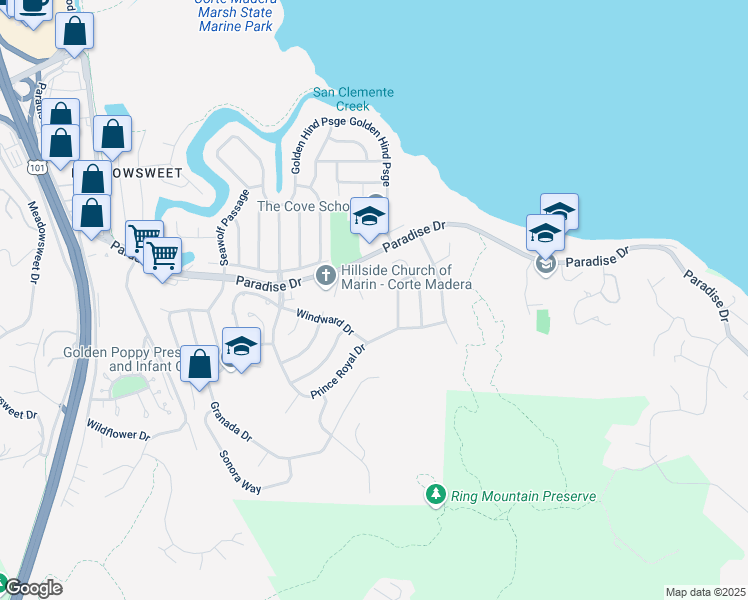 map of restaurants, bars, coffee shops, grocery stores, and more near 5 Verona Place in Corte Madera