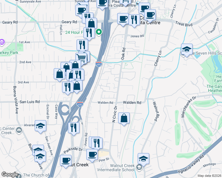 map of restaurants, bars, coffee shops, grocery stores, and more near 265 Kingston Way in Walnut Creek