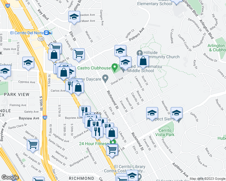 map of restaurants, bars, coffee shops, grocery stores, and more near 1314 Everett Street in El Cerrito