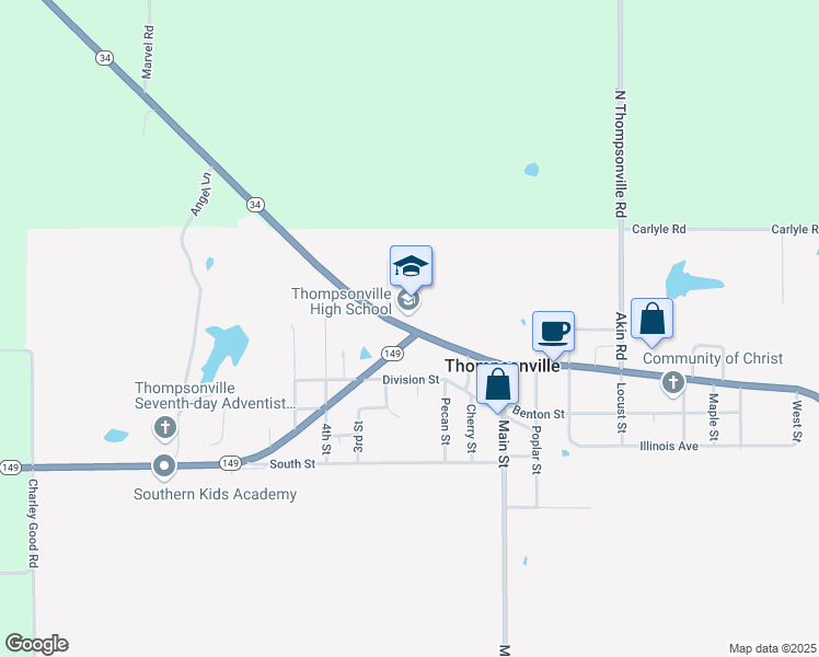 map of restaurants, bars, coffee shops, grocery stores, and more near 21135 Shawneetown Road in Thompsonville