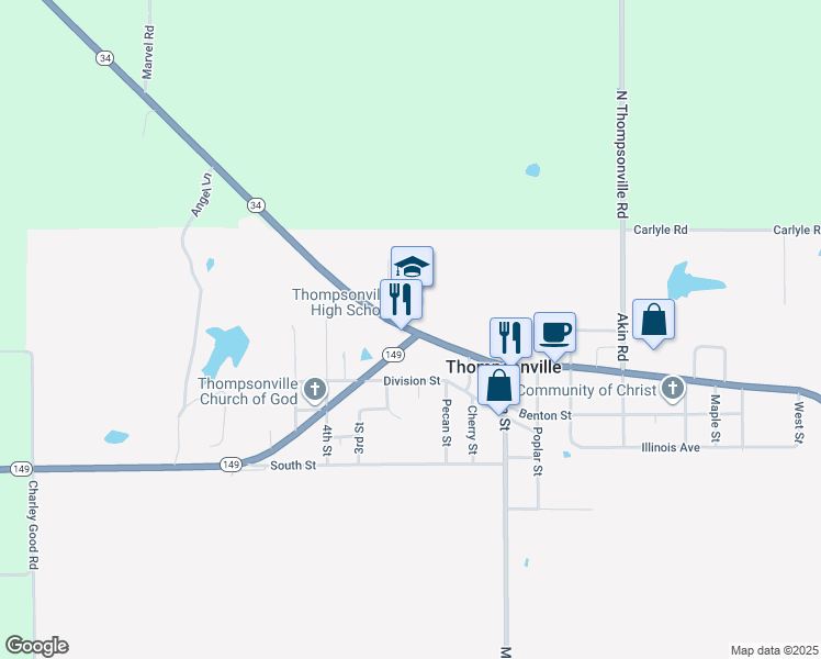 map of restaurants, bars, coffee shops, grocery stores, and more near 21135 Shawneetown Road in Thompsonville