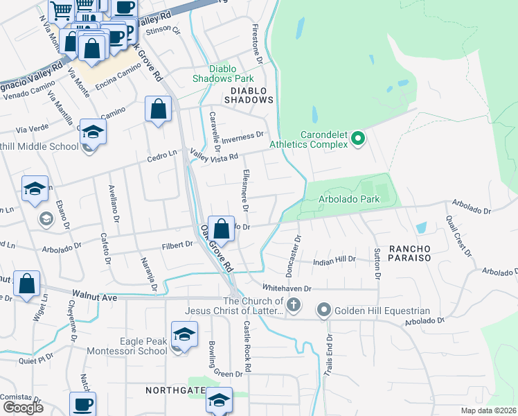 map of restaurants, bars, coffee shops, grocery stores, and more near 3318 Ellesmere Court in Walnut Creek