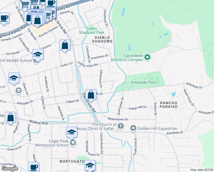 map of restaurants, bars, coffee shops, grocery stores, and more near 3318 Ellesmere Court in Walnut Creek