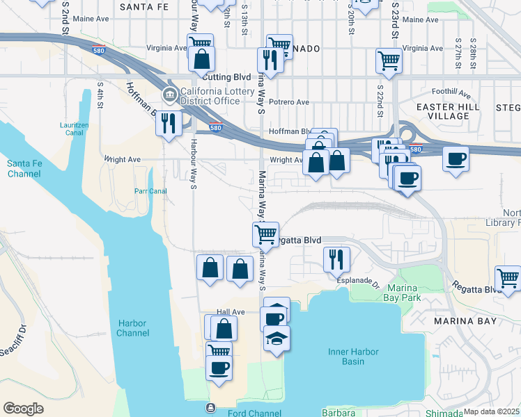 map of restaurants, bars, coffee shops, grocery stores, and more near 921 Marina Way South in Richmond