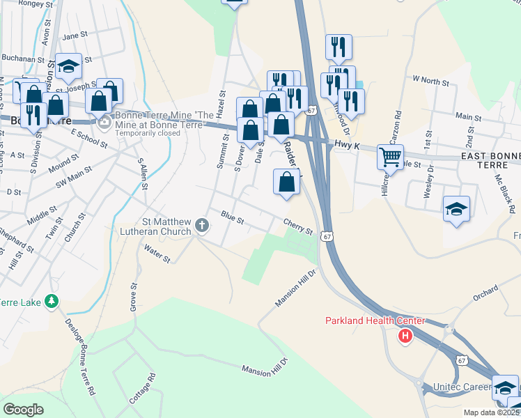 map of restaurants, bars, coffee shops, grocery stores, and more near 1234 Cherry Street in Bonne Terre