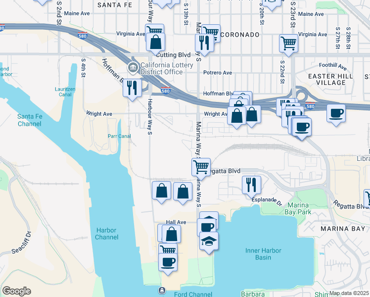 map of restaurants, bars, coffee shops, grocery stores, and more near 961 Marina Way South in Richmond