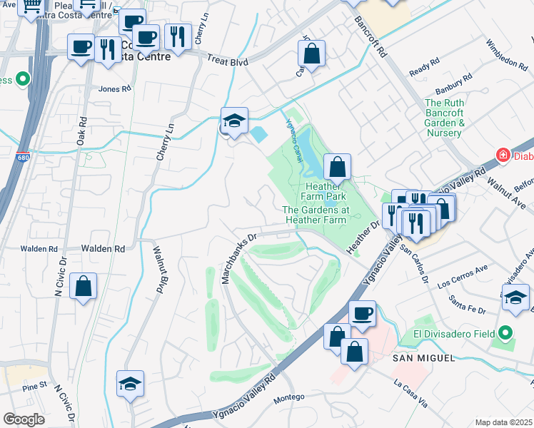 map of restaurants, bars, coffee shops, grocery stores, and more near 509 Allegheny Drive in Walnut Creek