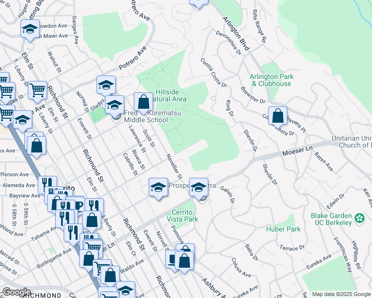 map of restaurants, bars, coffee shops, grocery stores, and more near 7500 Schmidt Lane in El Cerrito