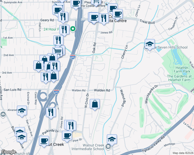 map of restaurants, bars, coffee shops, grocery stores, and more near Kingston Place in Walnut Creek