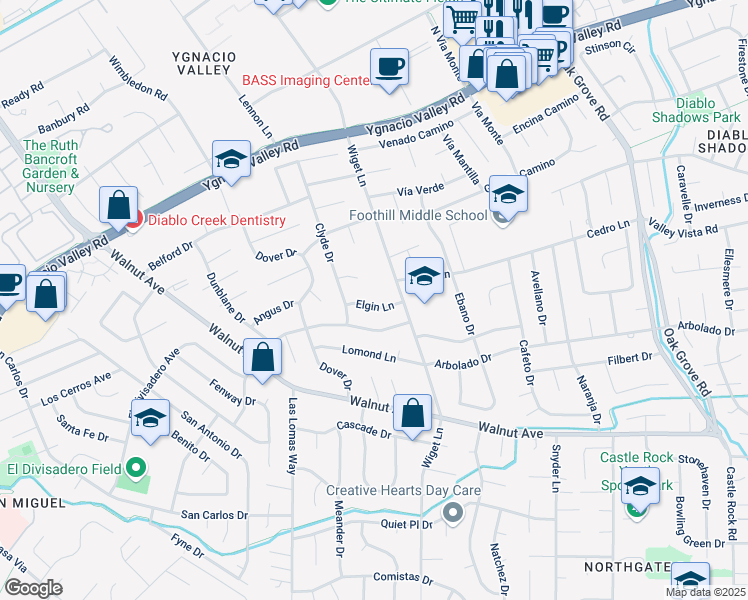 map of restaurants, bars, coffee shops, grocery stores, and more near 2336 Elgin Lane in Walnut Creek