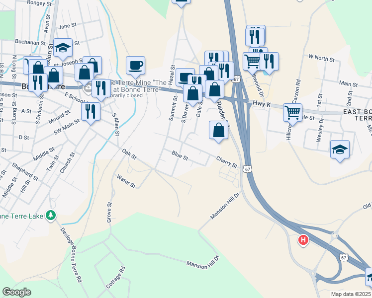map of restaurants, bars, coffee shops, grocery stores, and more near 820 Blue Street in Bonne Terre