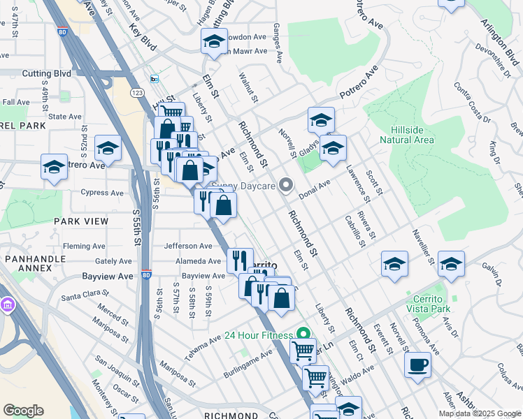 map of restaurants, bars, coffee shops, grocery stores, and more near in El Cerrito