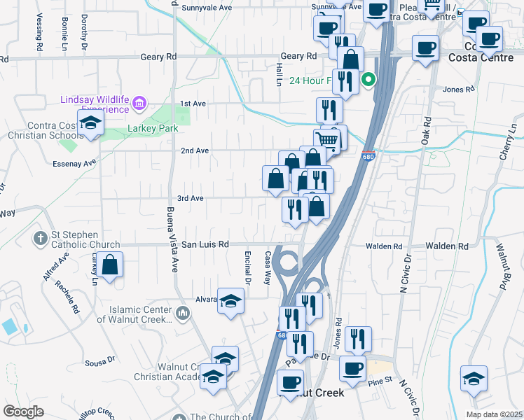 map of restaurants, bars, coffee shops, grocery stores, and more near 664 Charleston Court in Walnut Creek