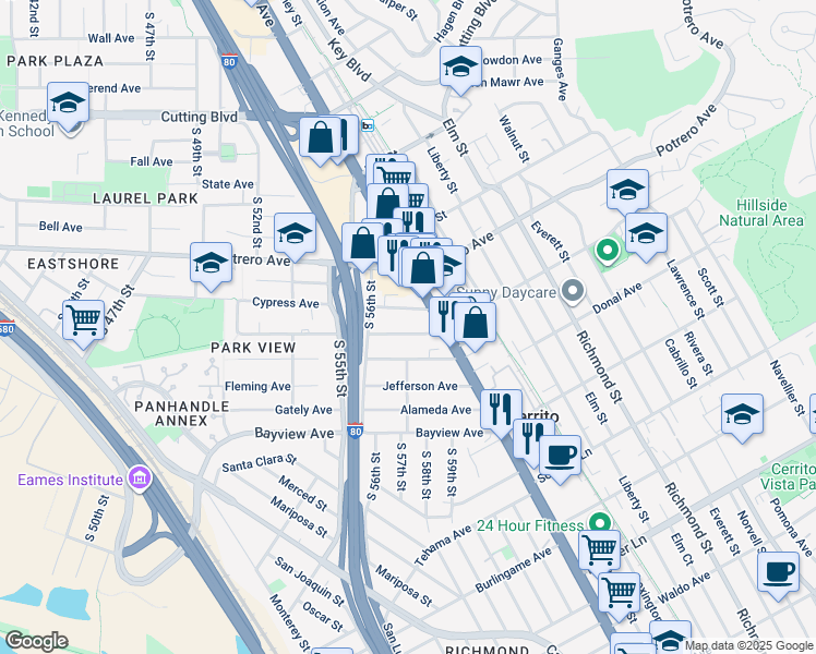 map of restaurants, bars, coffee shops, grocery stores, and more near 5622 Carlos Avenue in Richmond