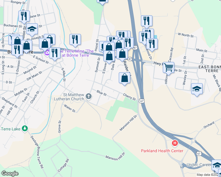 map of restaurants, bars, coffee shops, grocery stores, and more near 820 Blue Street in Bonne Terre
