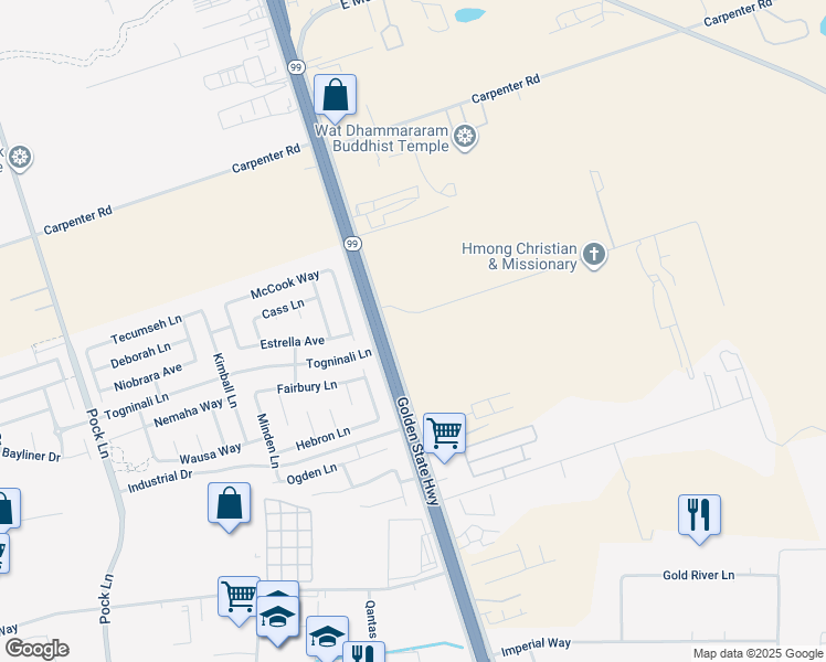 map of restaurants, bars, coffee shops, grocery stores, and more near 4032 California 99 in Stockton