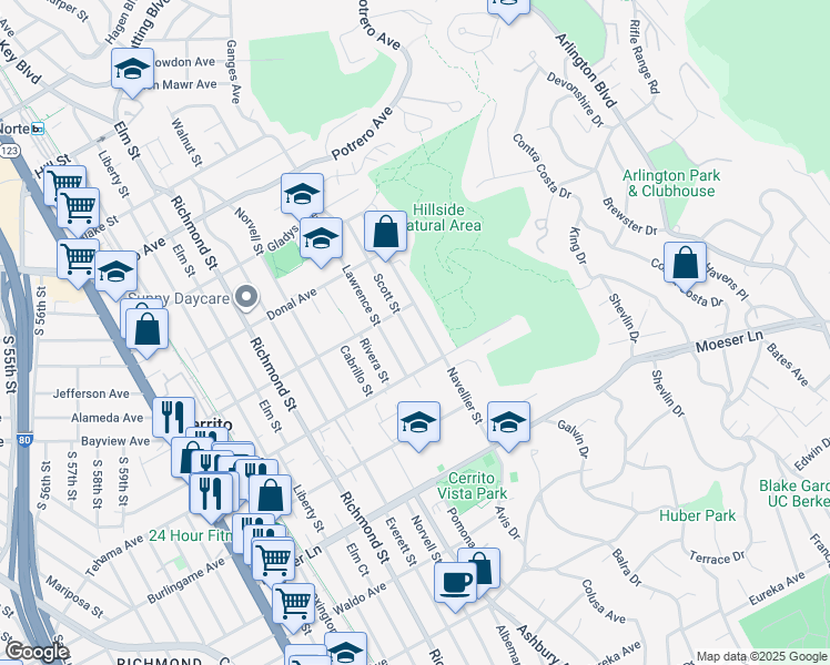 map of restaurants, bars, coffee shops, grocery stores, and more near 1230 Scott Street in El Cerrito