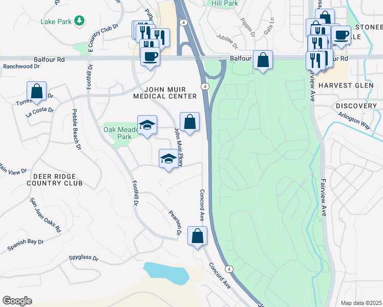 map of restaurants, bars, coffee shops, grocery stores, and more near 450 John Muir Parkway in Brentwood