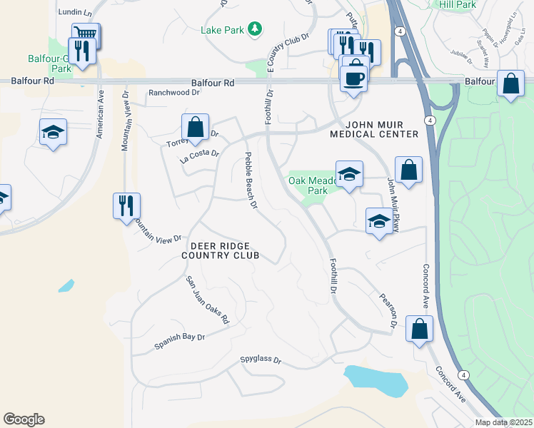 map of restaurants, bars, coffee shops, grocery stores, and more near 342 Pebble Beach Drive in Brentwood