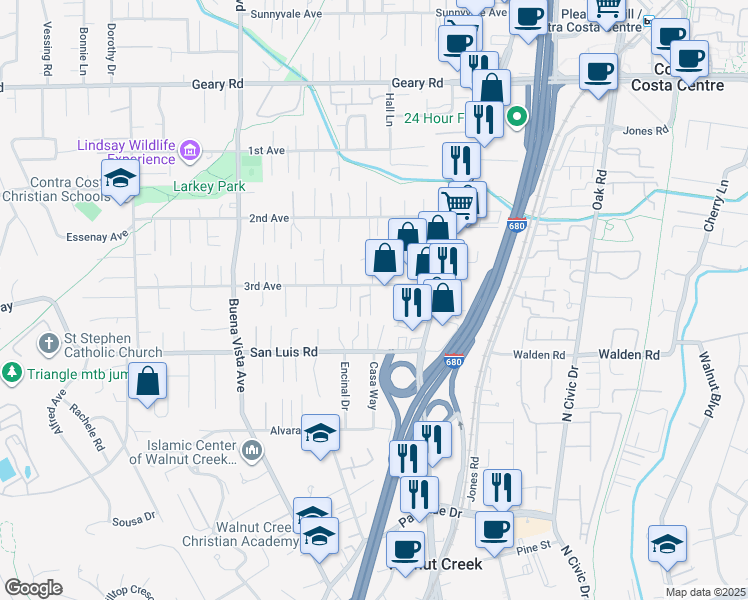 map of restaurants, bars, coffee shops, grocery stores, and more near 664 Charleston Court in Walnut Creek