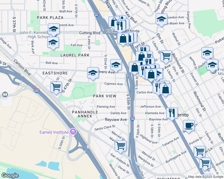 map of restaurants, bars, coffee shops, grocery stores, and more near 5216 Creely Avenue in Richmond