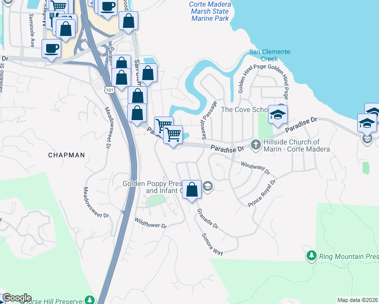 map of restaurants, bars, coffee shops, grocery stores, and more near 5555 Paradise Drive in Corte Madera
