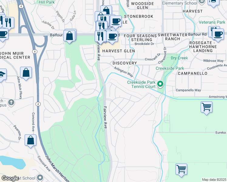 map of restaurants, bars, coffee shops, grocery stores, and more near 391 Earlham Way in Brentwood