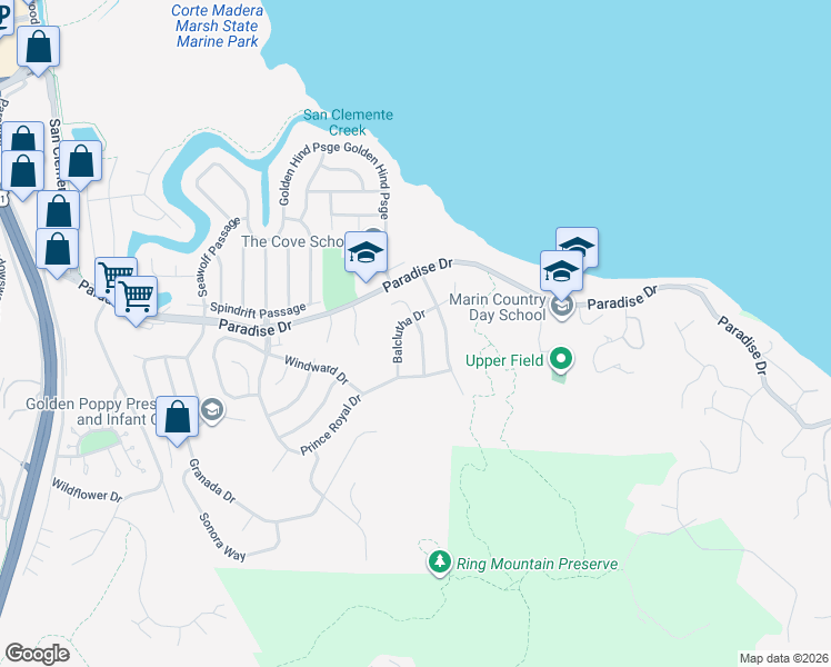 map of restaurants, bars, coffee shops, grocery stores, and more near 12 Balclutha Drive in Corte Madera