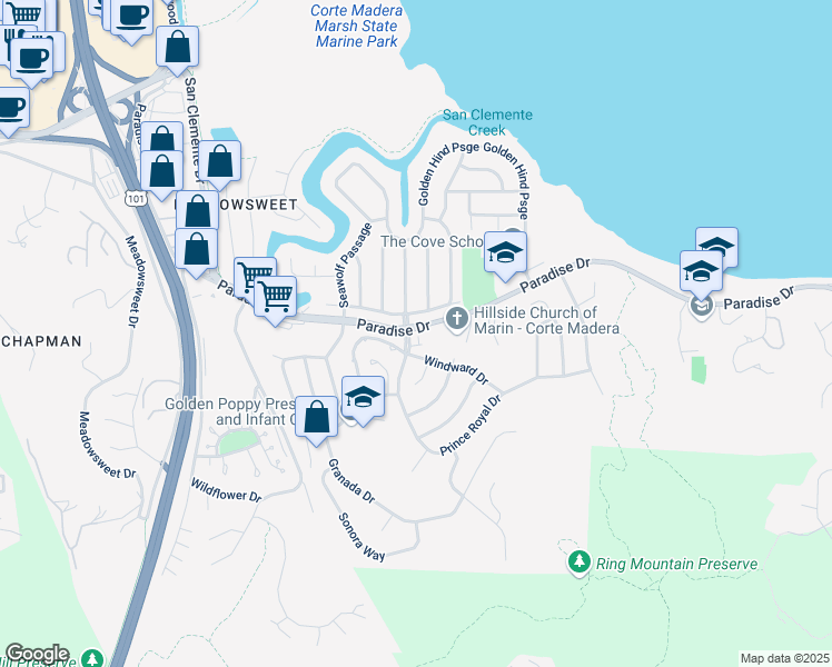 map of restaurants, bars, coffee shops, grocery stores, and more near 57 Prince Royal Drive in Corte Madera