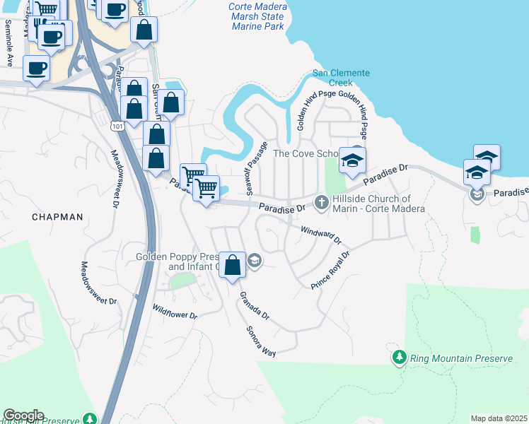 map of restaurants, bars, coffee shops, grocery stores, and more near 28 Mariner Green Drive in Corte Madera