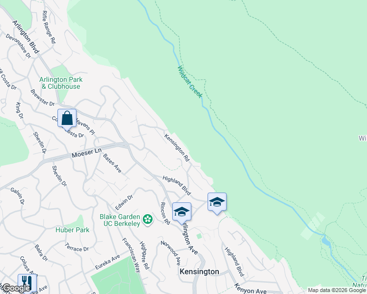 map of restaurants, bars, coffee shops, grocery stores, and more near 820 Kensington Road in El Cerrito