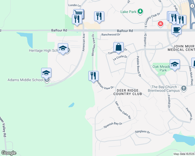 map of restaurants, bars, coffee shops, grocery stores, and more near 285 Mountain View Drive in Brentwood