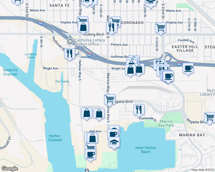 map of restaurants, bars, coffee shops, grocery stores, and more near 921 Marina Way South in Richmond
