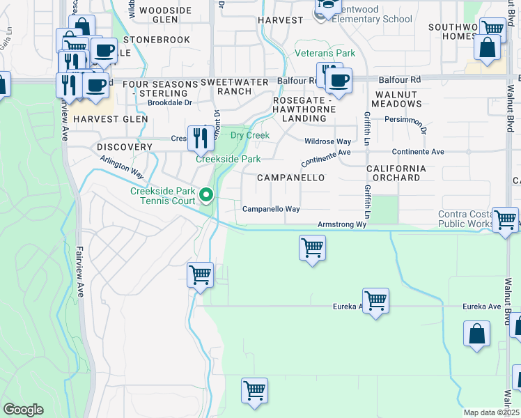 map of restaurants, bars, coffee shops, grocery stores, and more near 747 Campanello Way in Brentwood