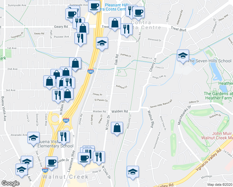 map of restaurants, bars, coffee shops, grocery stores, and more near Kingston Place in Walnut Creek