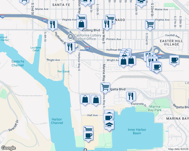 map of restaurants, bars, coffee shops, grocery stores, and more near 951 Marina Way South in Richmond