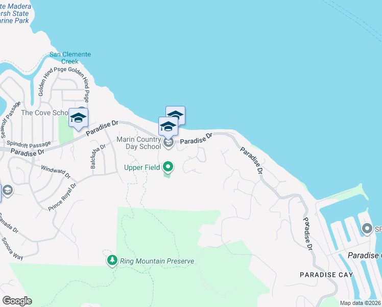 map of restaurants, bars, coffee shops, grocery stores, and more near 524 Robin Drive in Corte Madera